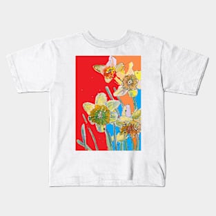 Abstract Yellow Daffodil Watercolor Pattern on Red, Orange and Blue Kids T-Shirt